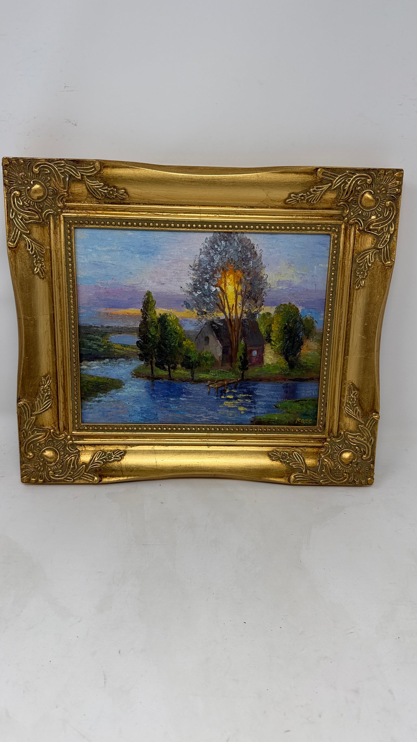 Vintage Framed Landscape Oil Painting of Cottage by the River at Sunset
