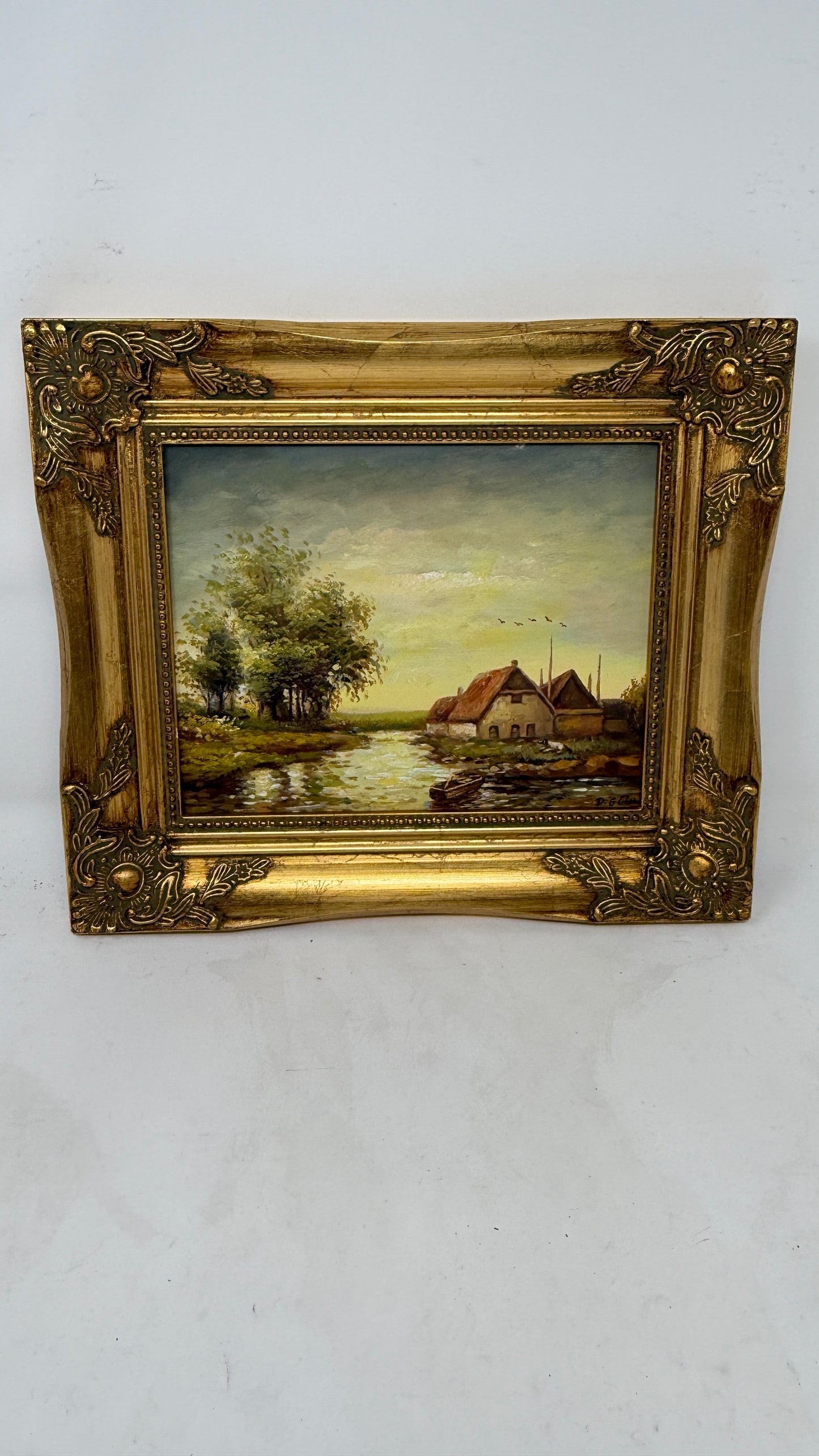 Cottage River Landscape Oil Painting with Birds at Sunset