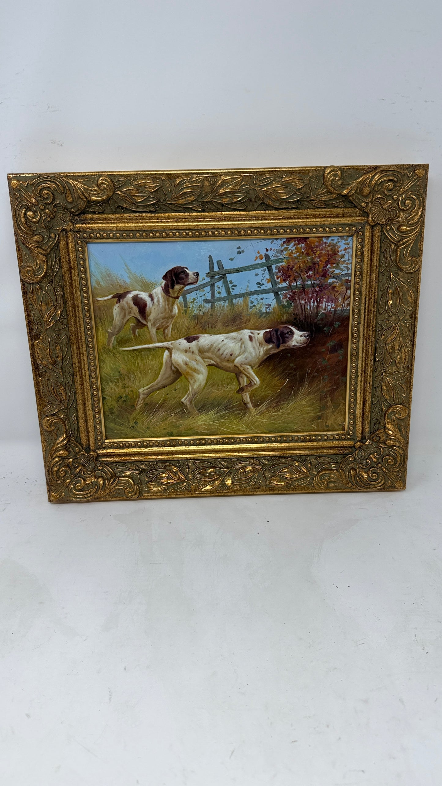 Hunting Dogs by the Fence in Ornate Gold Frame
