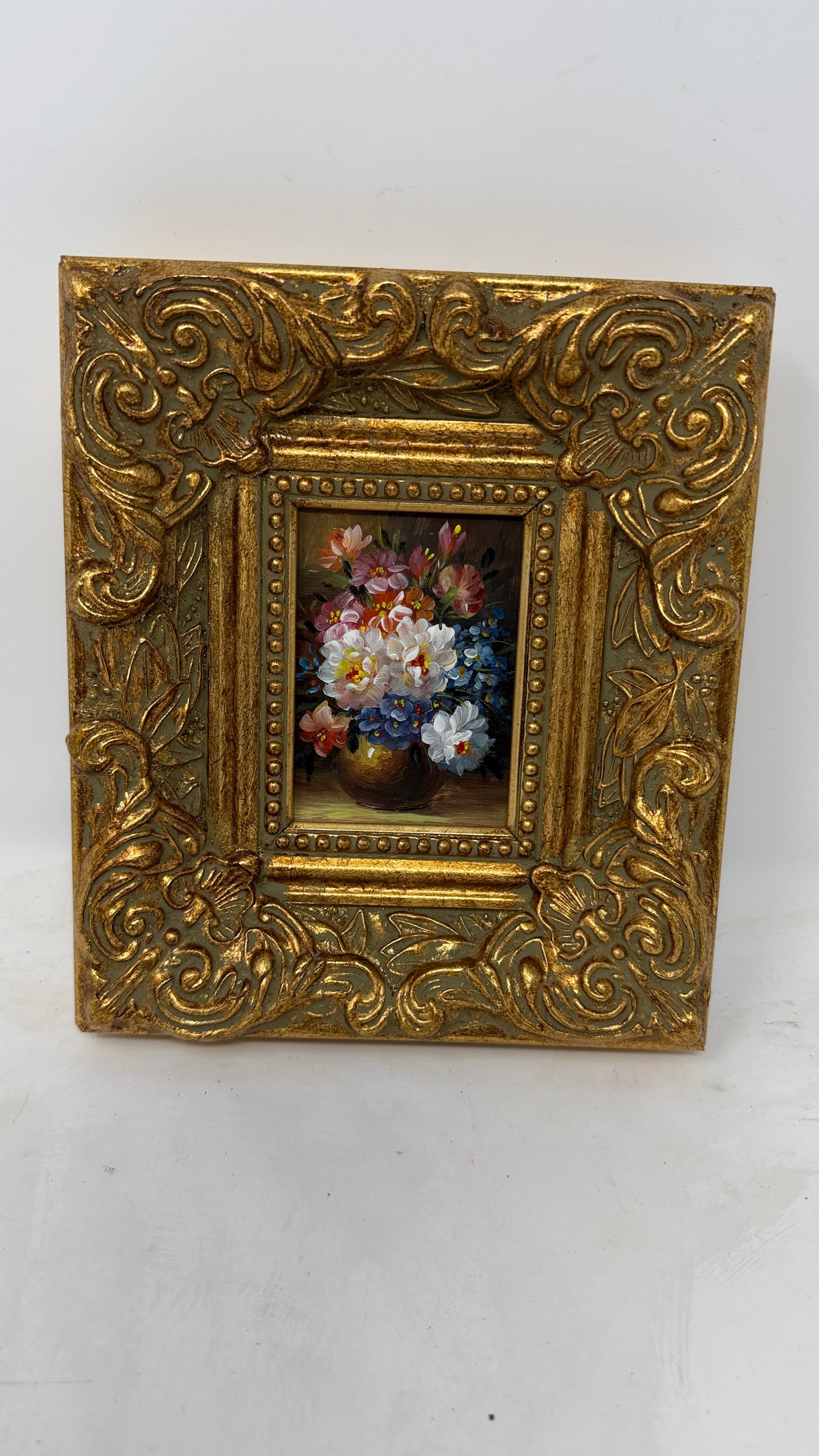 Miniature Floral Still Life in Ornate Gold Frame