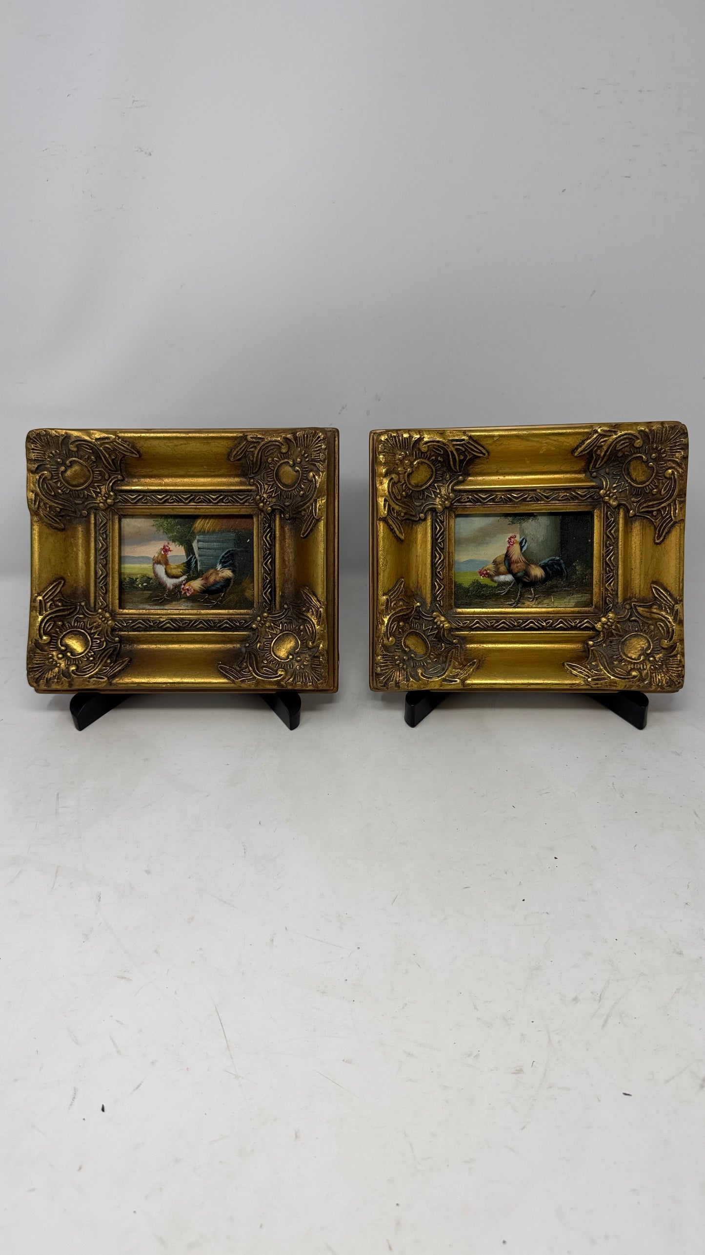 Pair of Miniature Rooster Paintings in Ornate Gold Frames