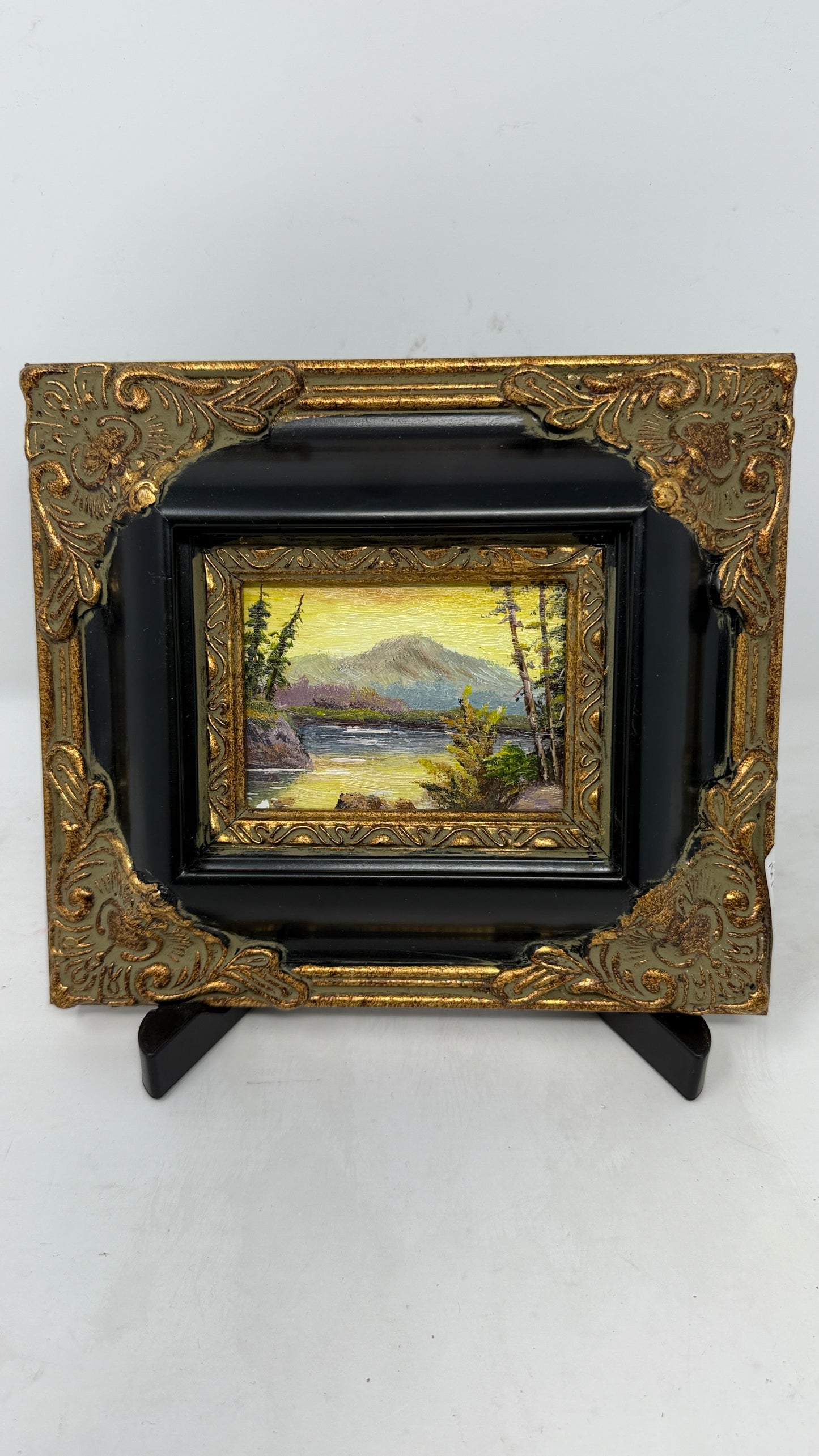 Miniature Mountain Lake Landscape in Ornate Black & Gold Frame