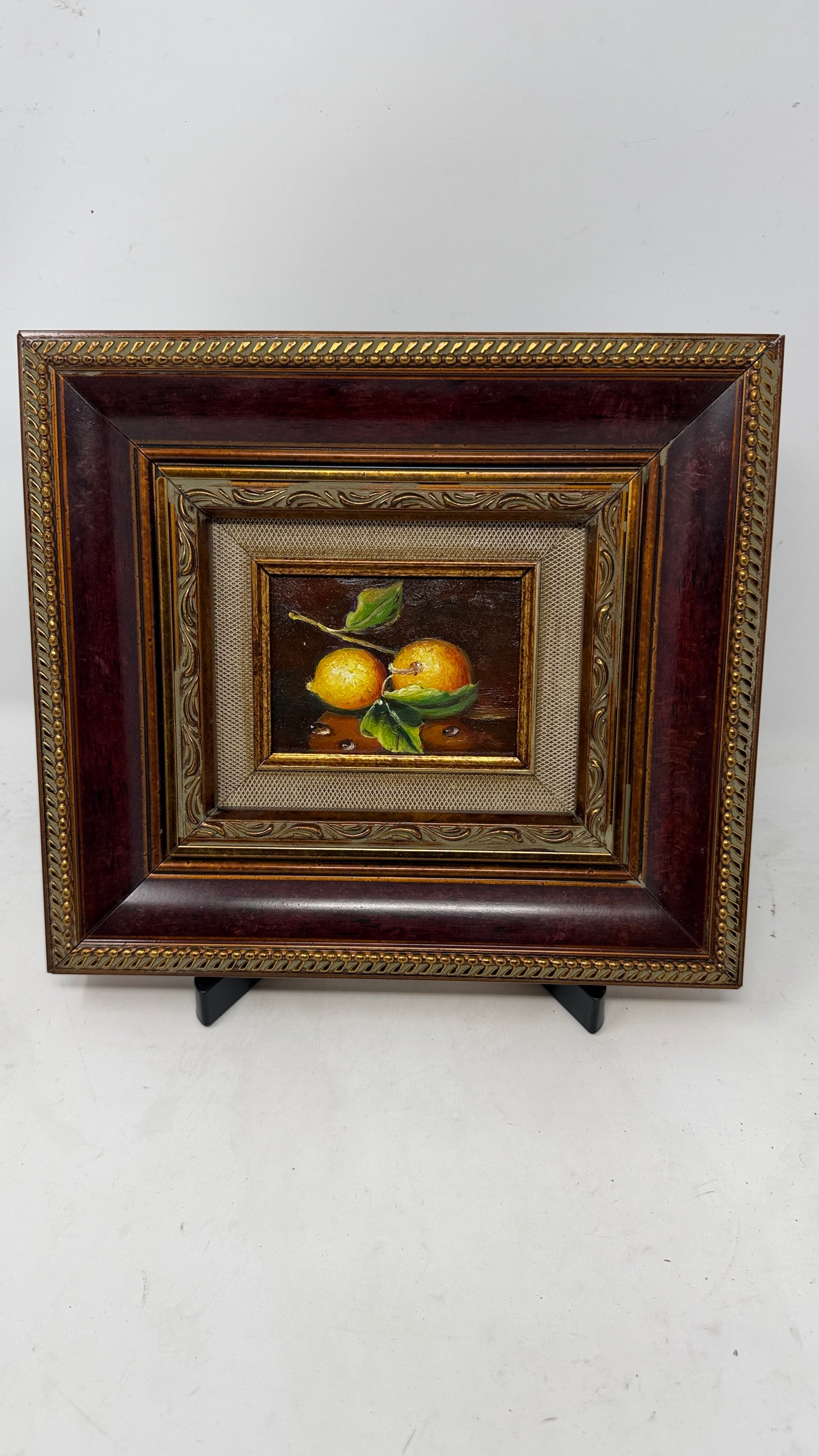 Small Framed Lemon Still Life Painting in Burgundy and Gold Decorative Frame