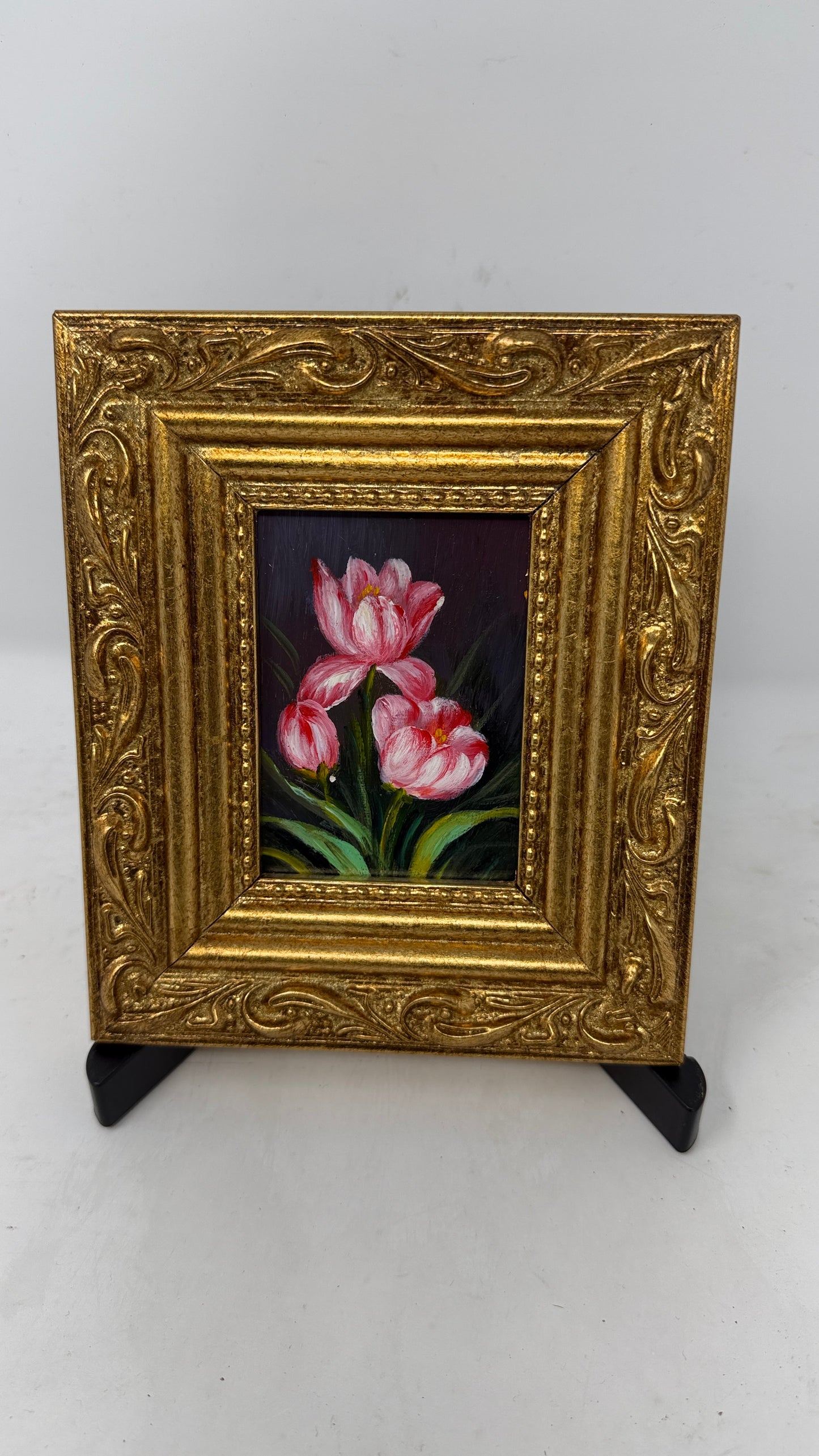 Small Framed Pink Floral Painting in Ornate Gold Decorative Frame