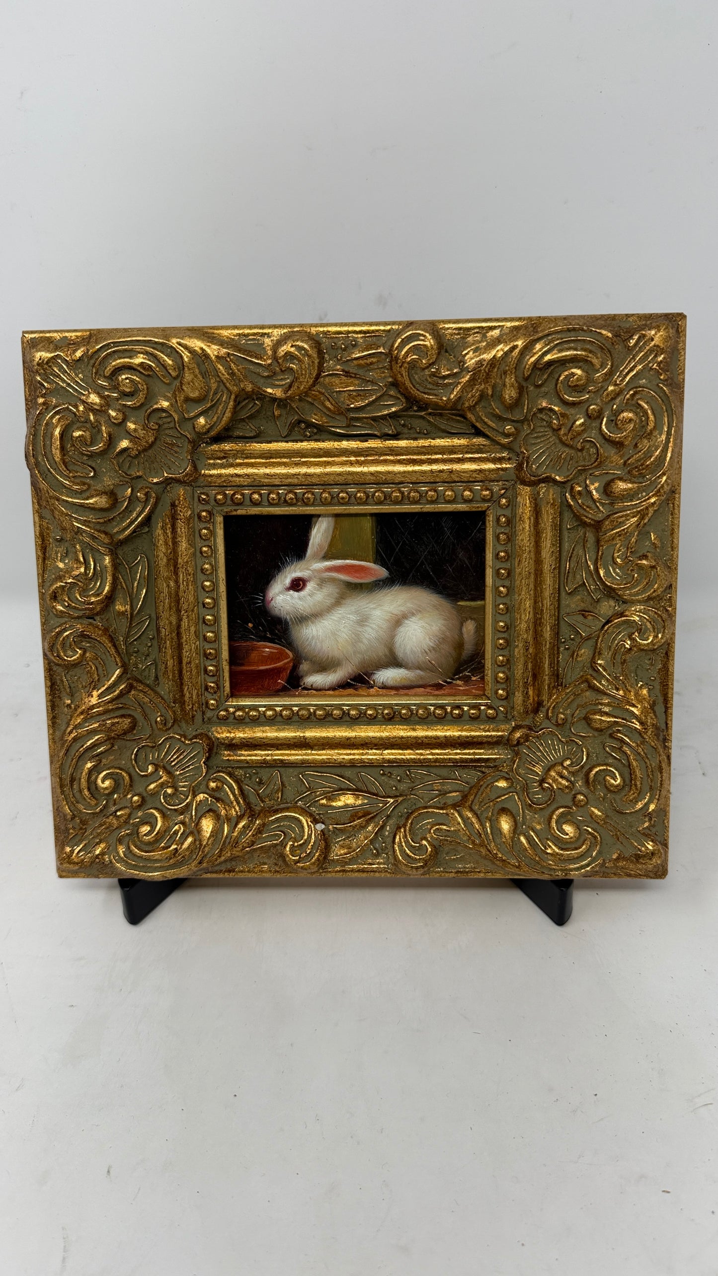Luminous White Rabbit in Ornate Gold Garden Frame, Small Cottage Animal Painting
