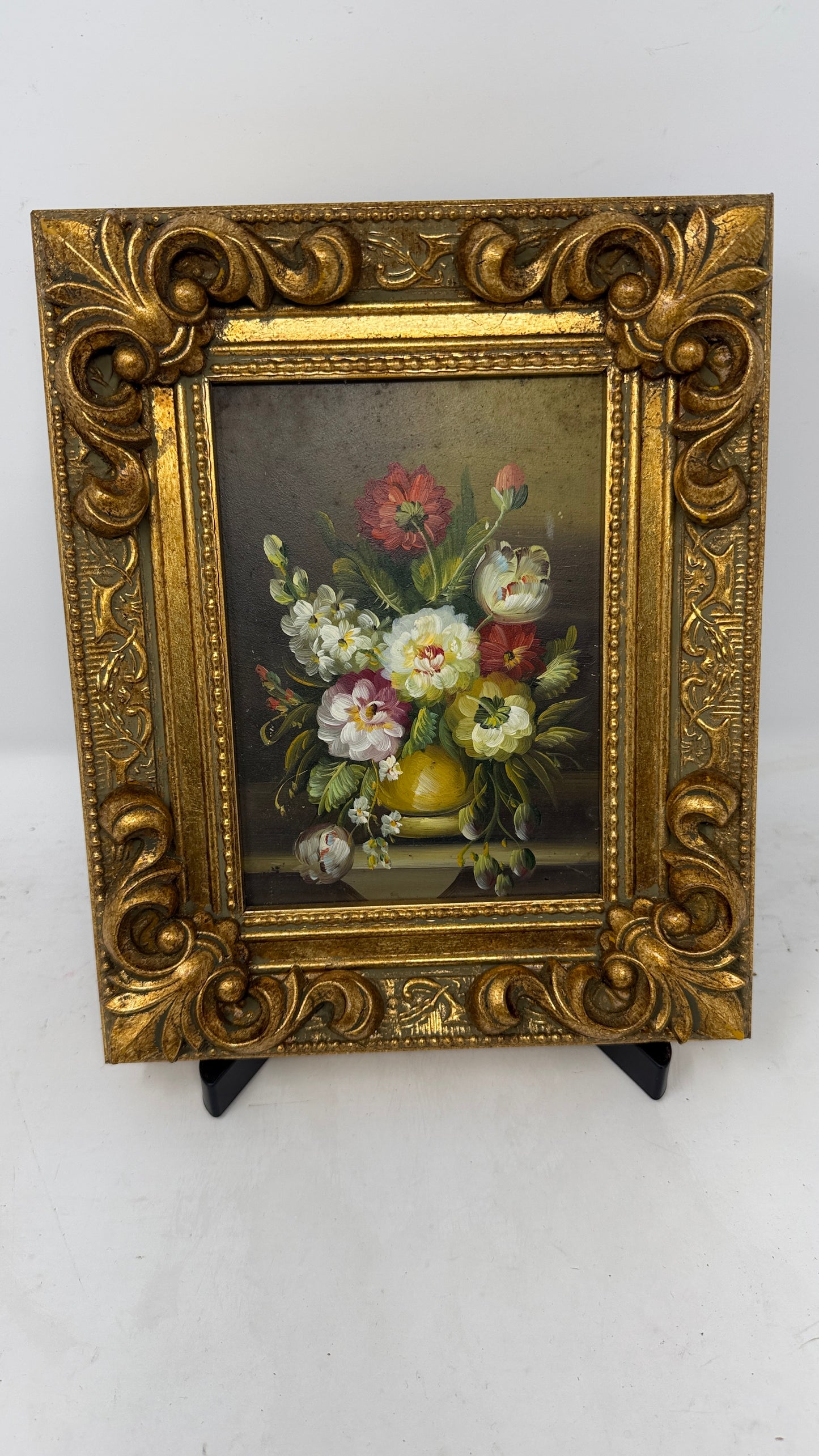 Romantic Floral Bouquet Painting in Ornate Gold Frame, Classic Still Life Wall Art