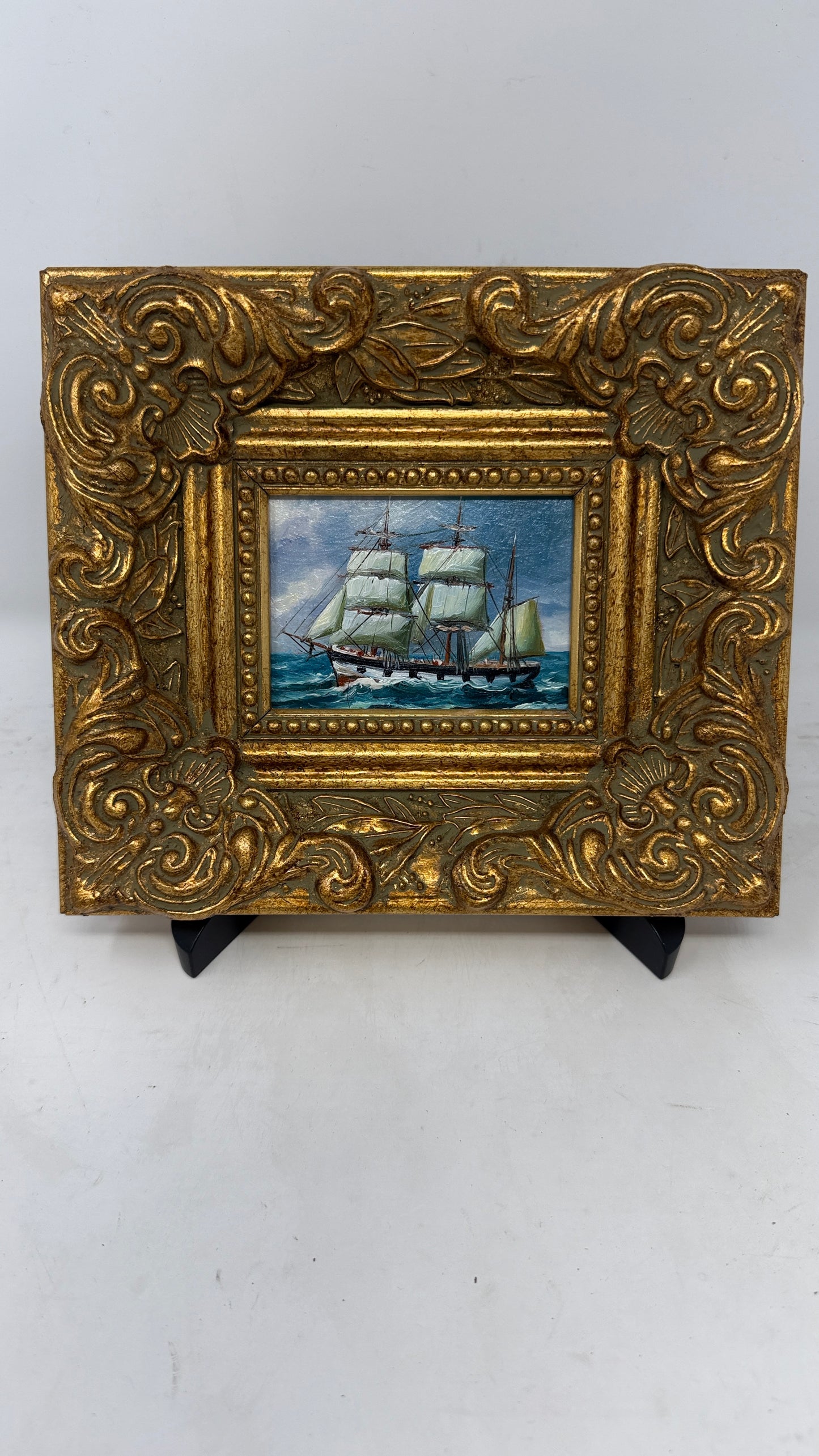Ornate Gold Framed Sailing Ship Seascape Maritime Painting