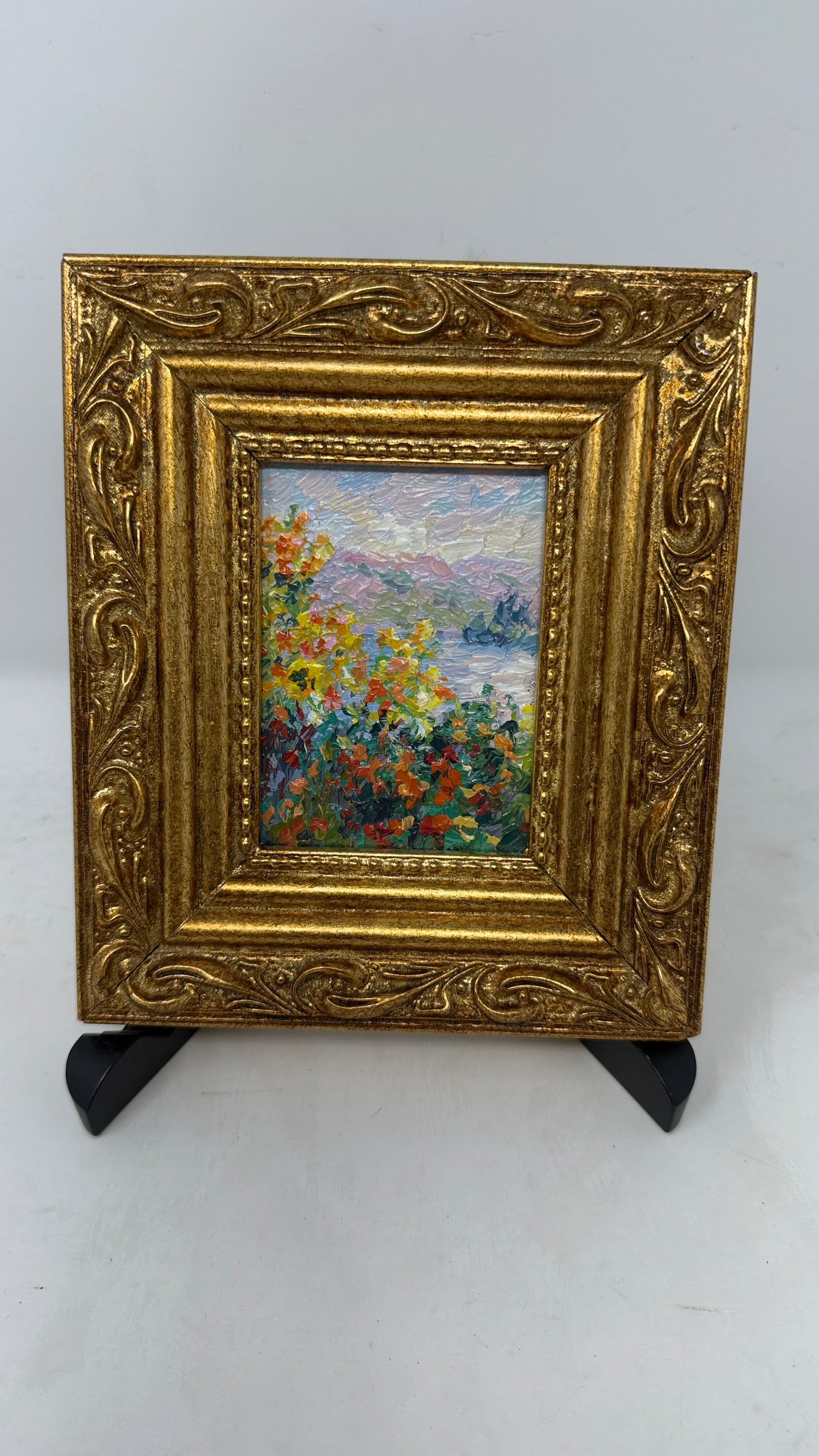 Ornate Gold Framed Colorful Lakeside Floral Landscape Painting