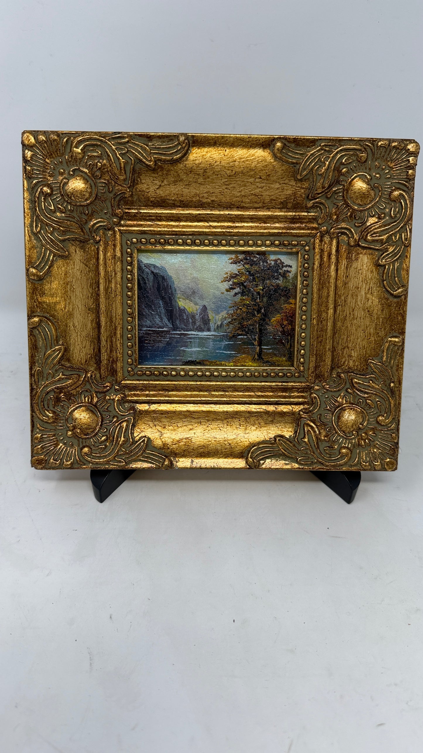 Mountain Lake Landscape in Ornate Gold-Tone Frame