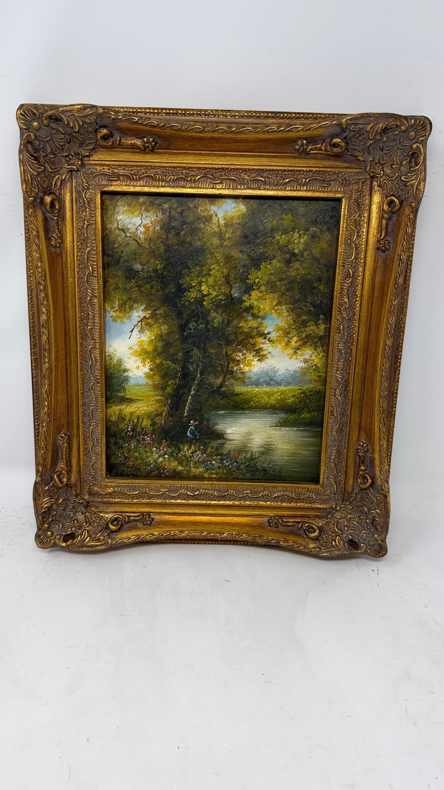 Sunlit Woodland River Landscape in Ornate Gold-Tone Frame