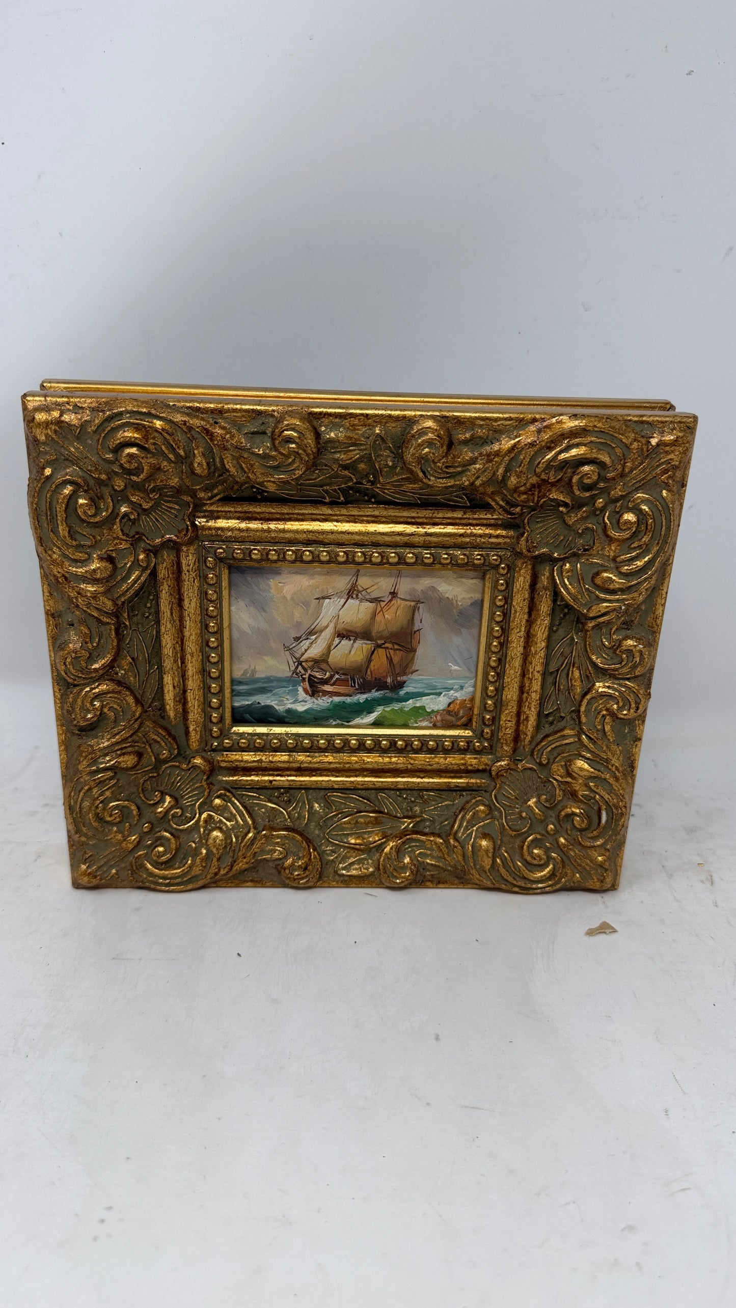 Framed Sailing Ship Seascape Painting in Ornate Gold Frame