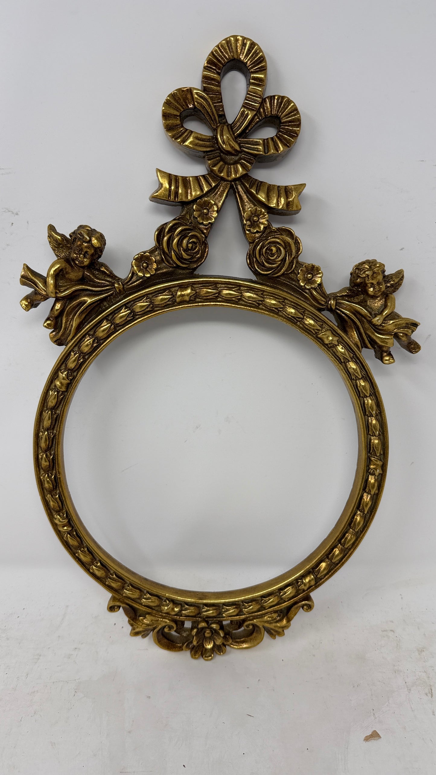 Ornate Gold Oval Cherub Picture Frame with Bow and Roses