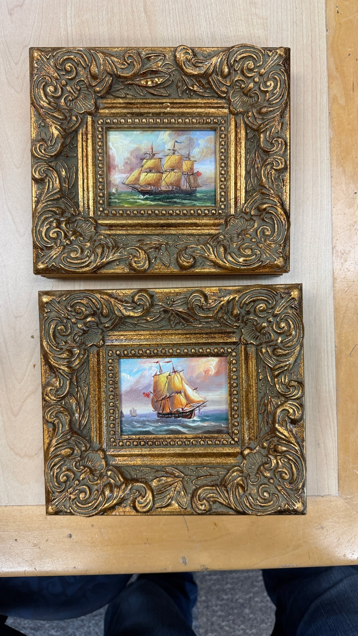 Golden Sails at Sea – Pair of Framed Oil Paintings