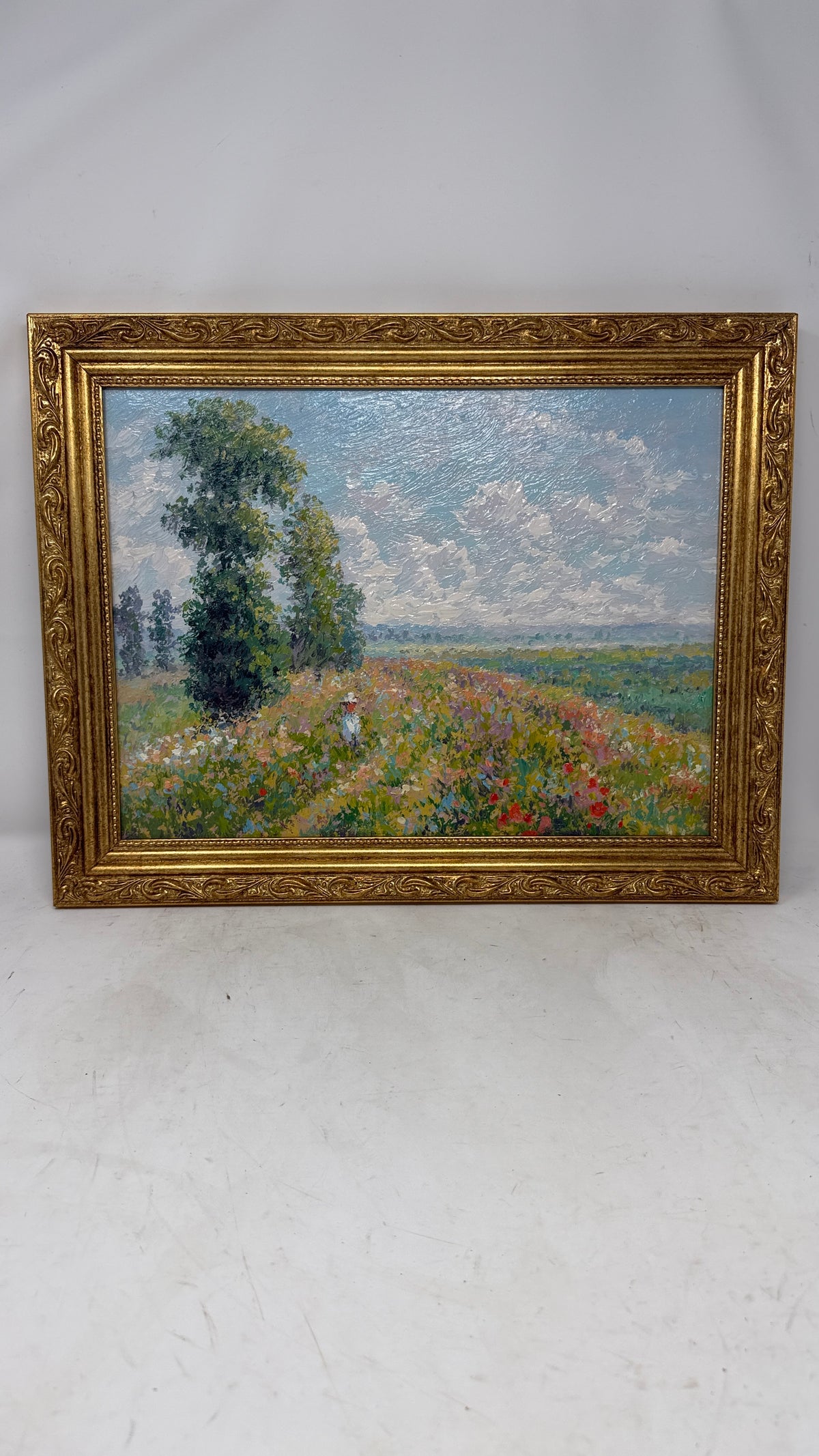 Impressionist Wildflower Meadow Landscape in Ornate Gold Frame