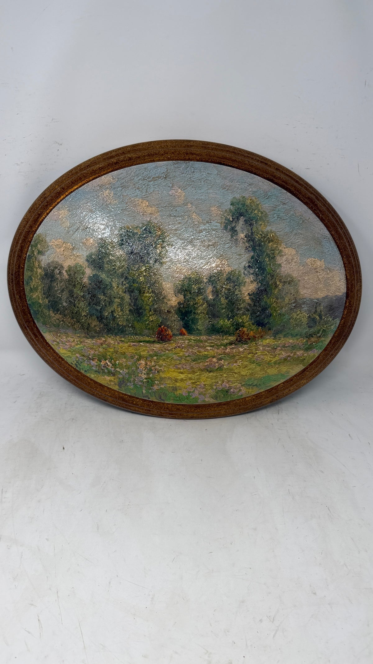 Oval Impressionist Meadow Landscape in Vintage-Style Frame