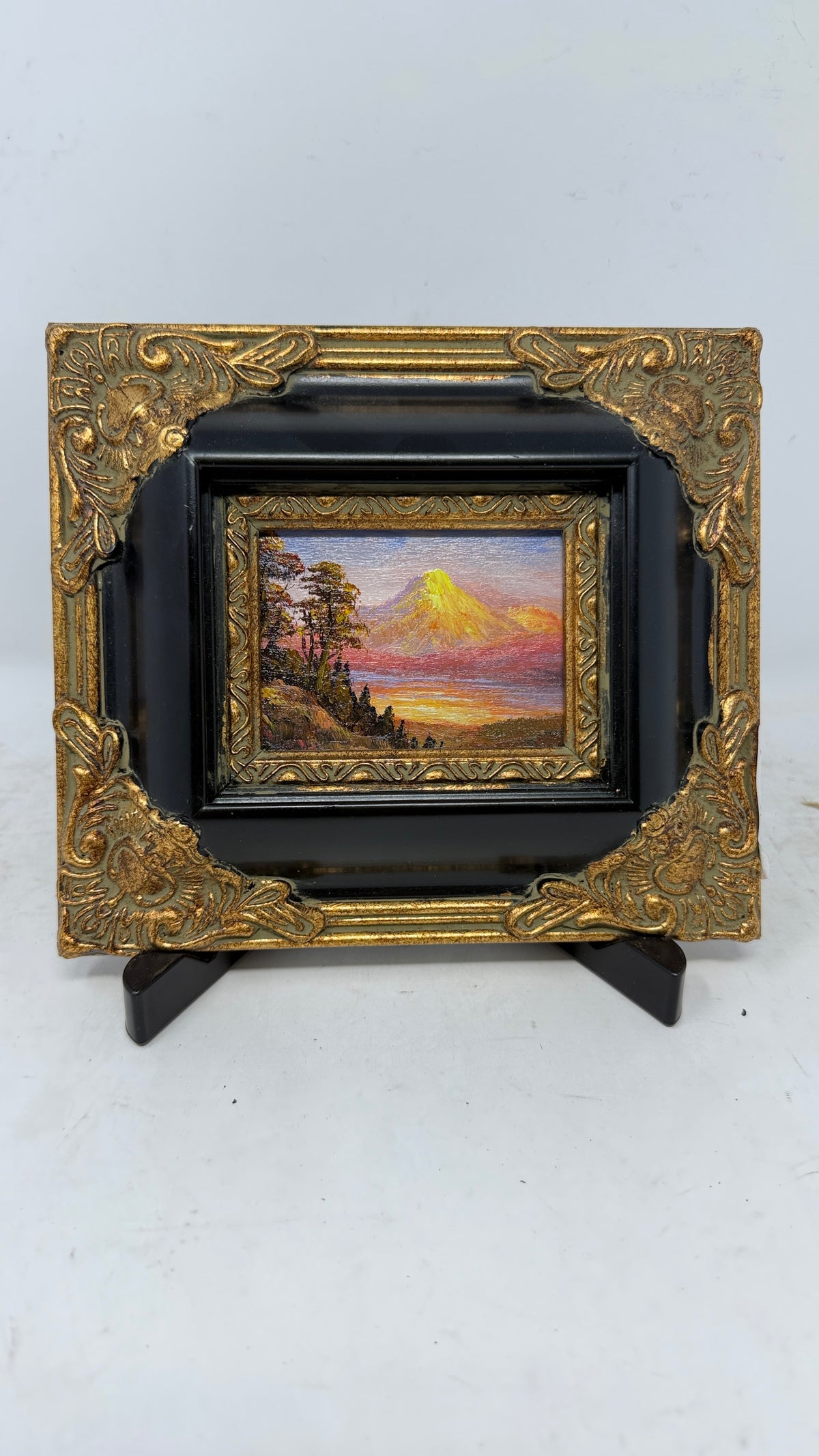 Golden Mountain at Sunset – Framed Miniature Oil Landscape Painting