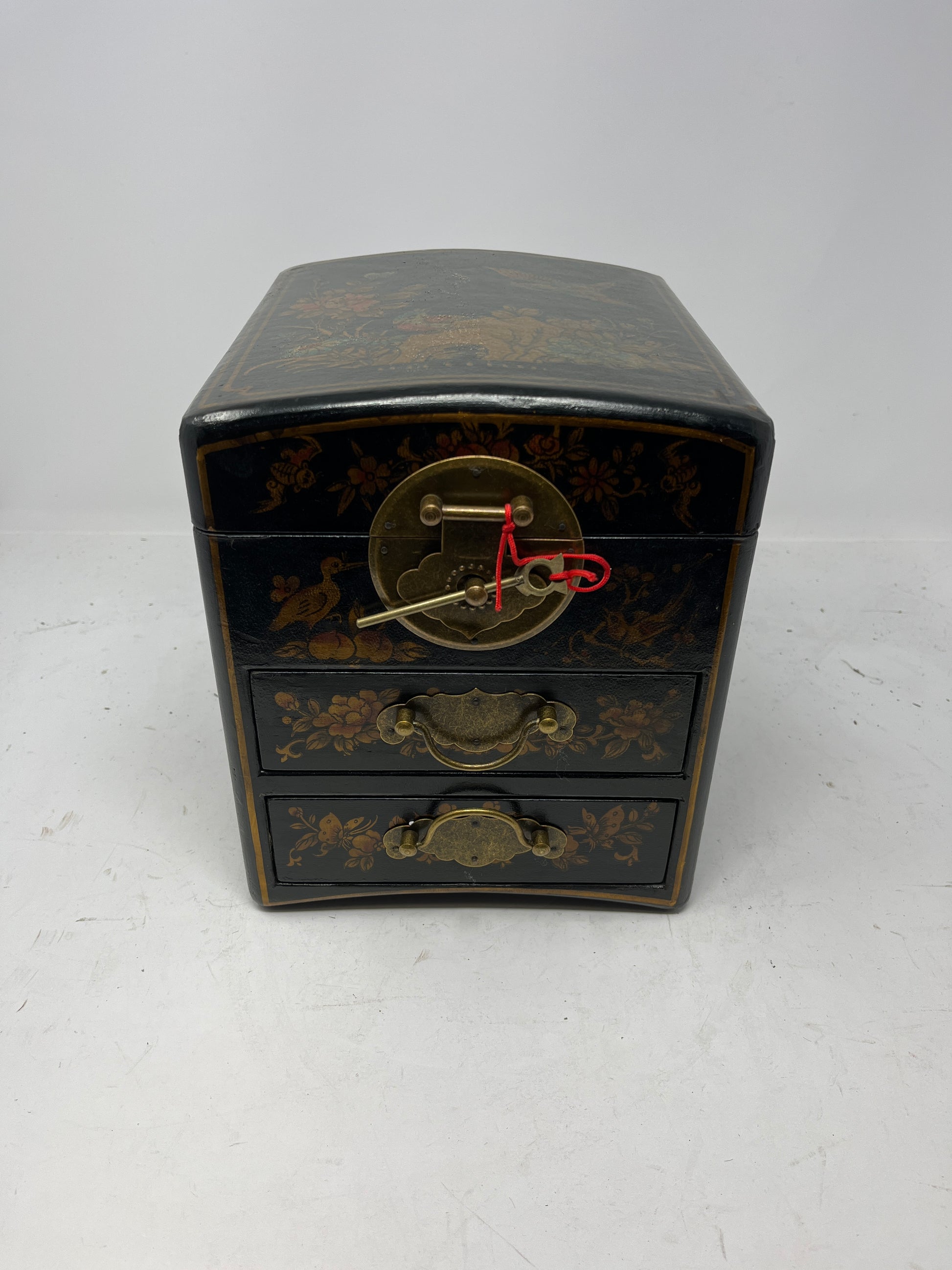 Vintage Asian Lacquered Jewelry Box with Brass Lock and Key - HeirloomSpace