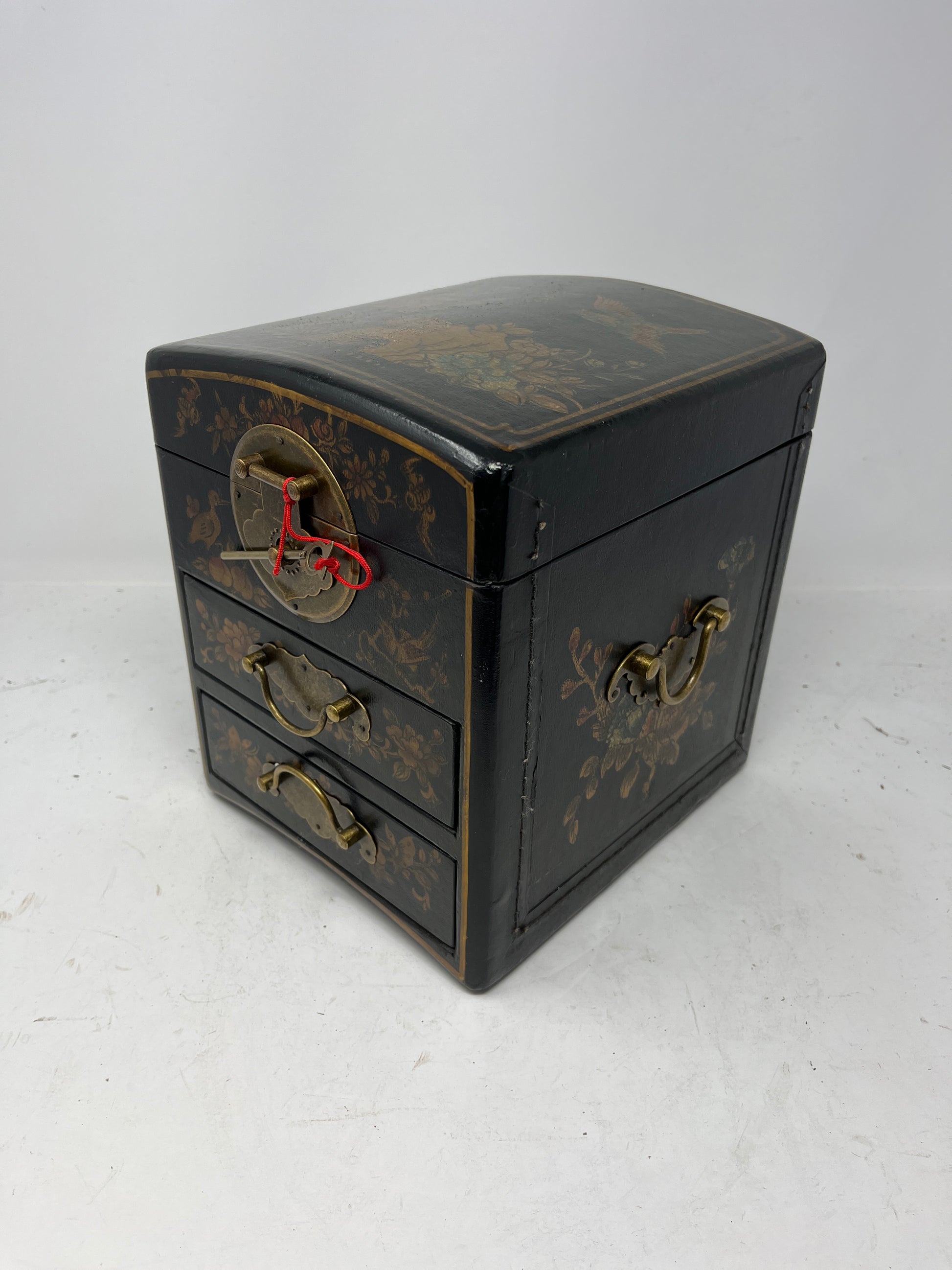 Vintage Asian Lacquered Jewelry Box with Brass Lock and Key - HeirloomSpace