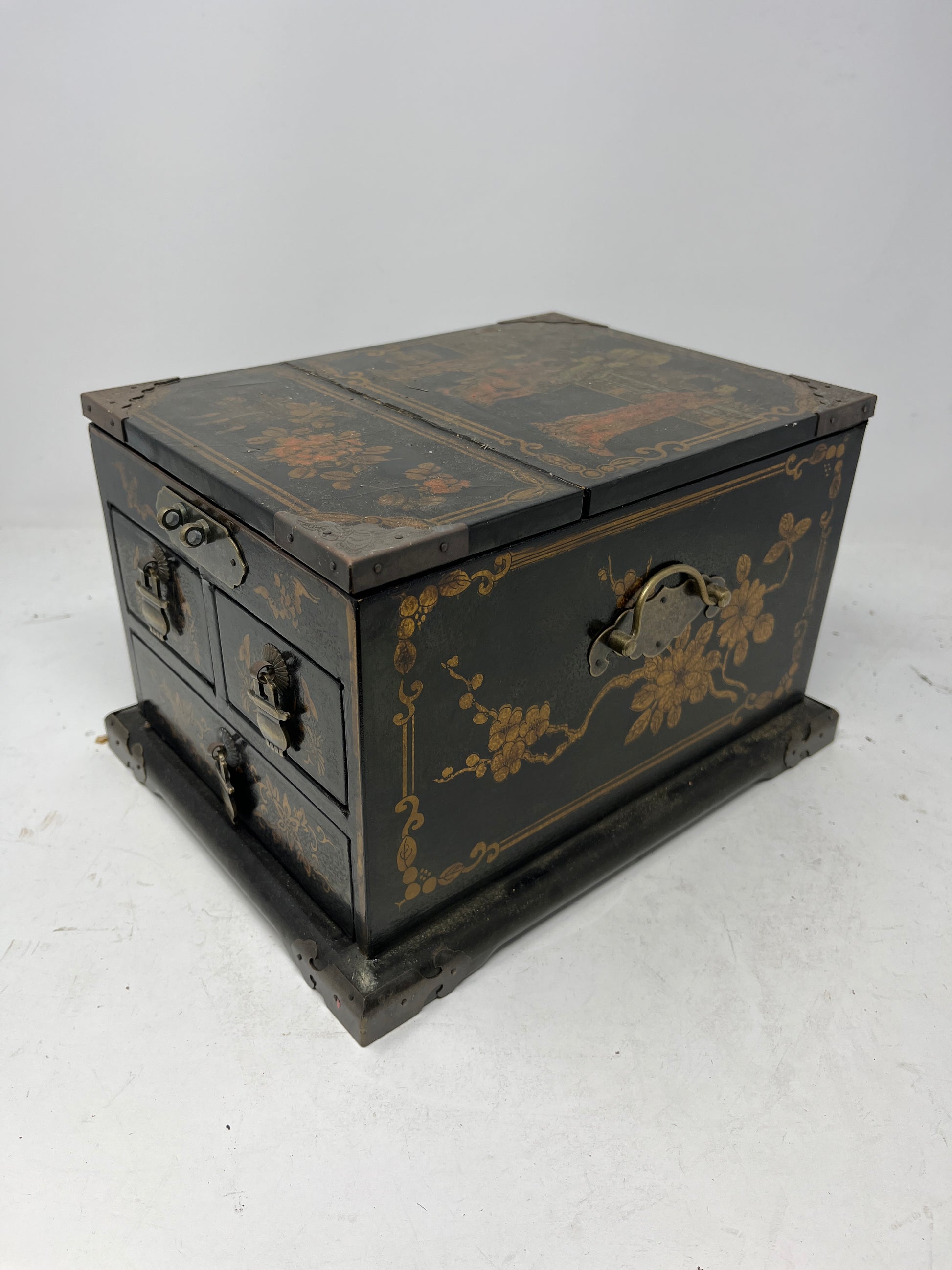 Antique Chinese Lacquered Jewelry Chest with Hand-Painted Scenes and Mirror - HeirloomSpace