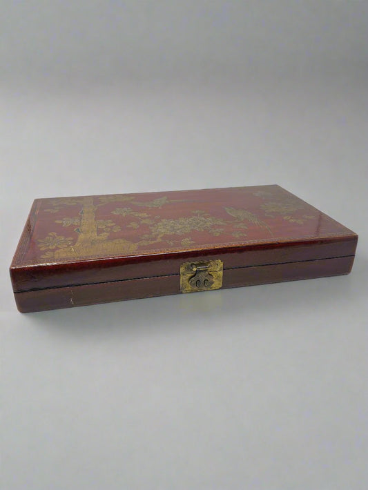 Antique Chinese Red Lacquered Calligraphy and Game Box with Illustrated Interior - HeirloomSpace