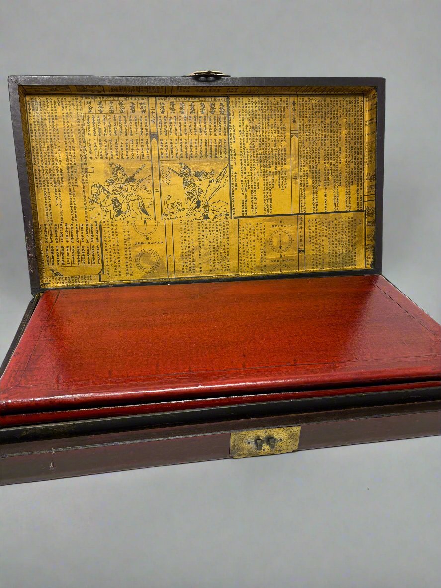 Antique Chinese Red Lacquered Calligraphy and Game Box with Illustrated Interior - HeirloomSpace