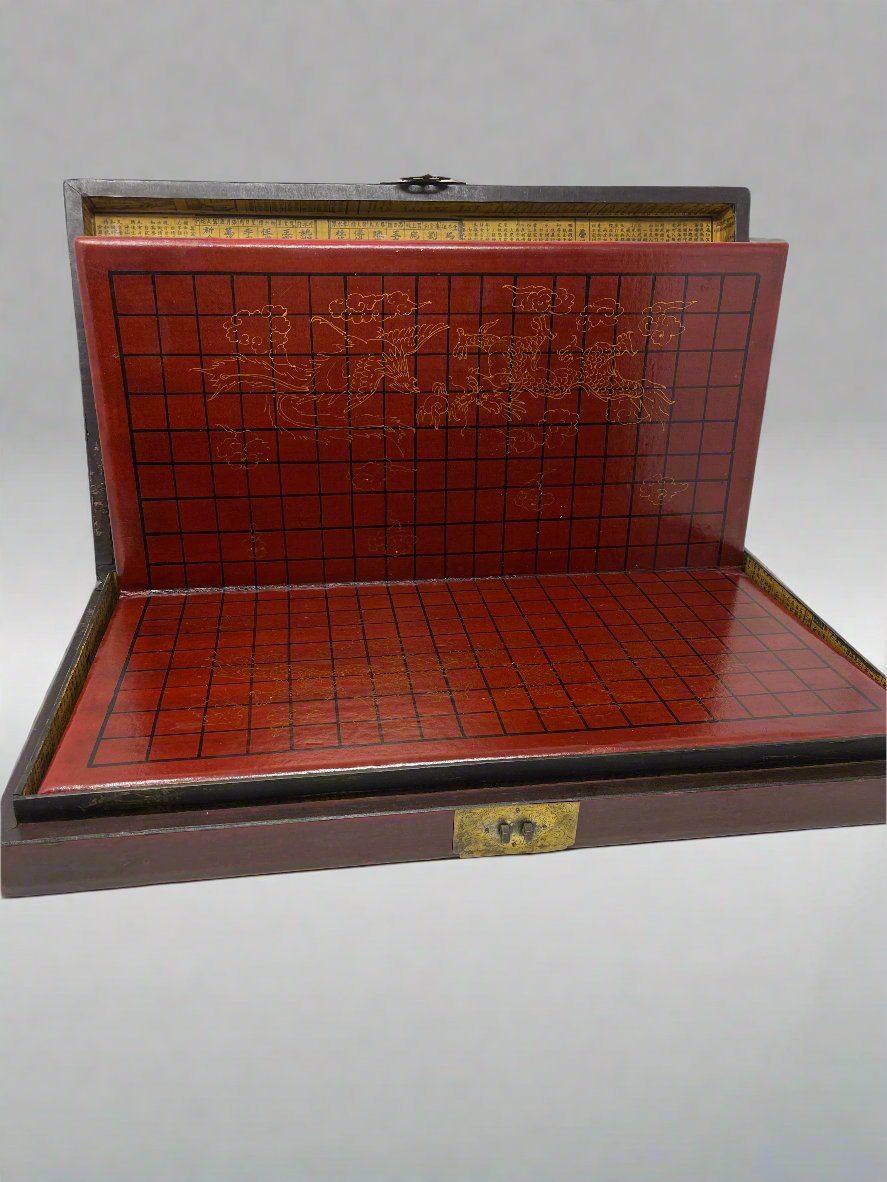 Antique Chinese Red Lacquered Calligraphy and Game Box with Illustrated Interior - HeirloomSpace