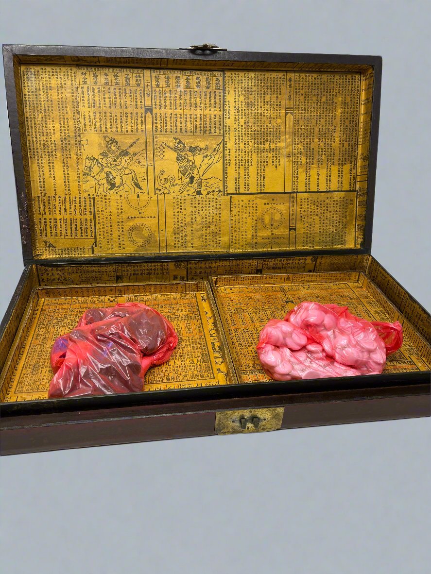 Antique Chinese Red Lacquered Calligraphy and Game Box with Illustrated Interior - HeirloomSpace