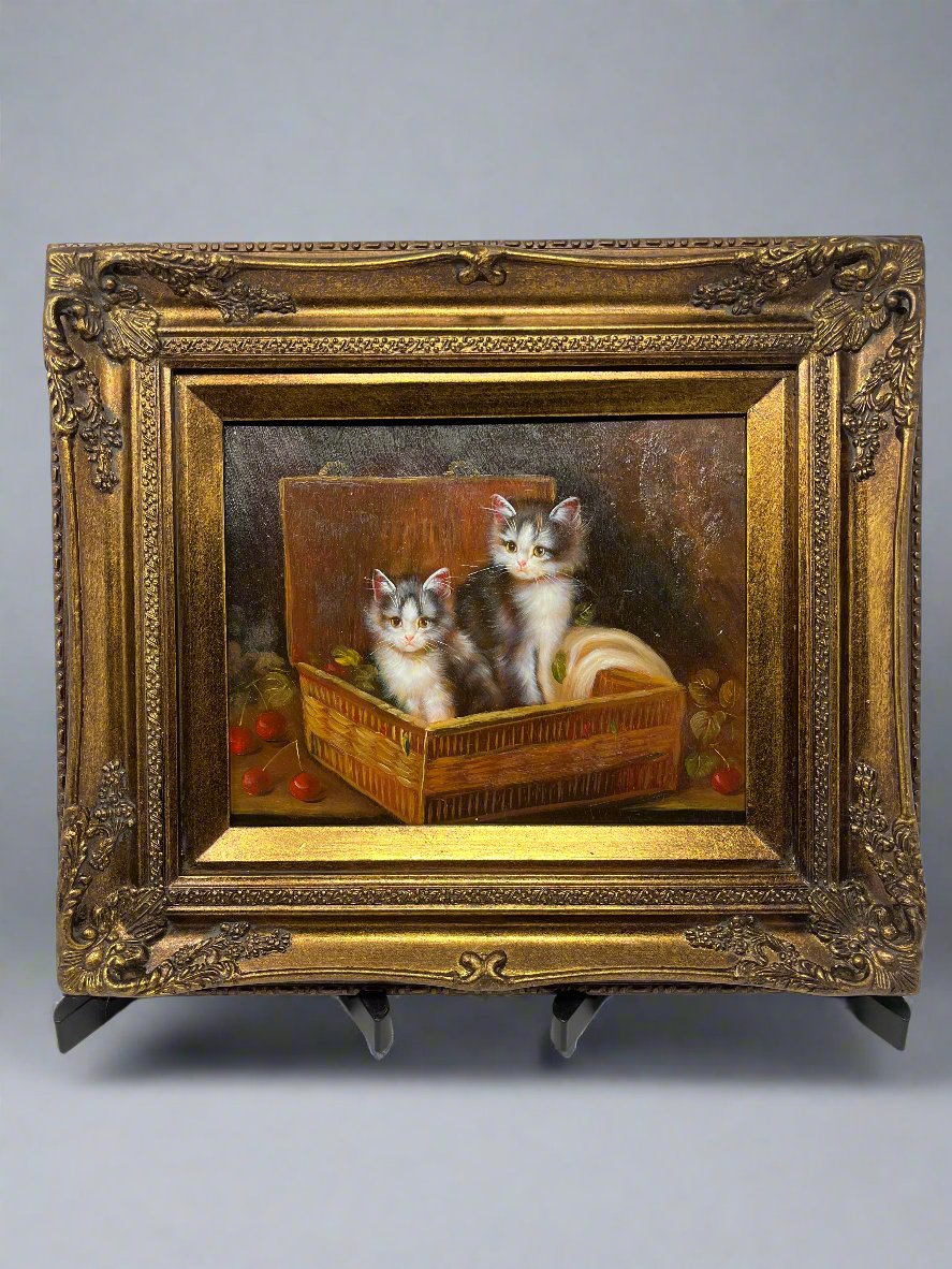 oil painting with two kittens sitting in a box