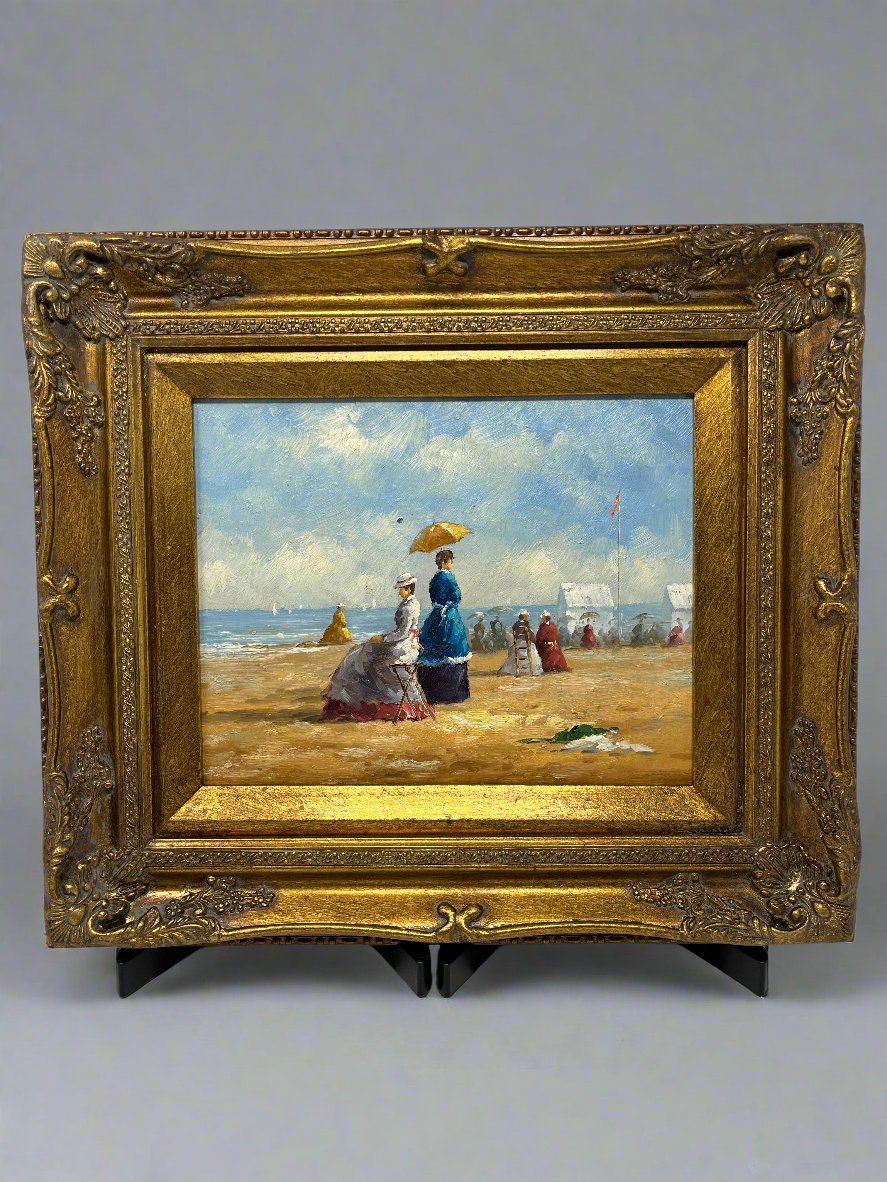 painting of lady with umbrella on the beach