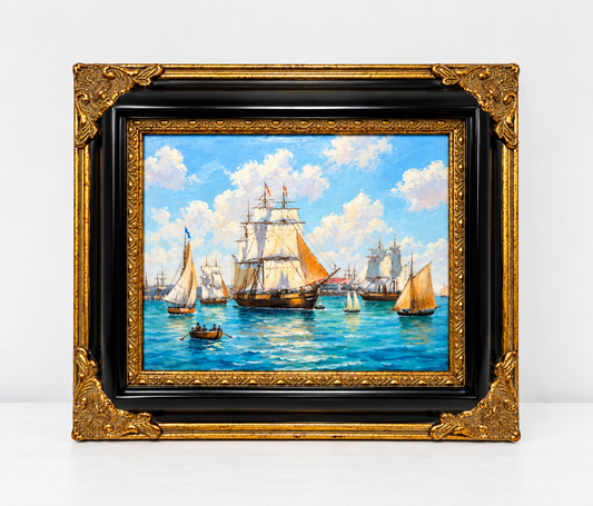 Sailing Ships Seascape Oil Painting in Decorative Black & Gold Frame
