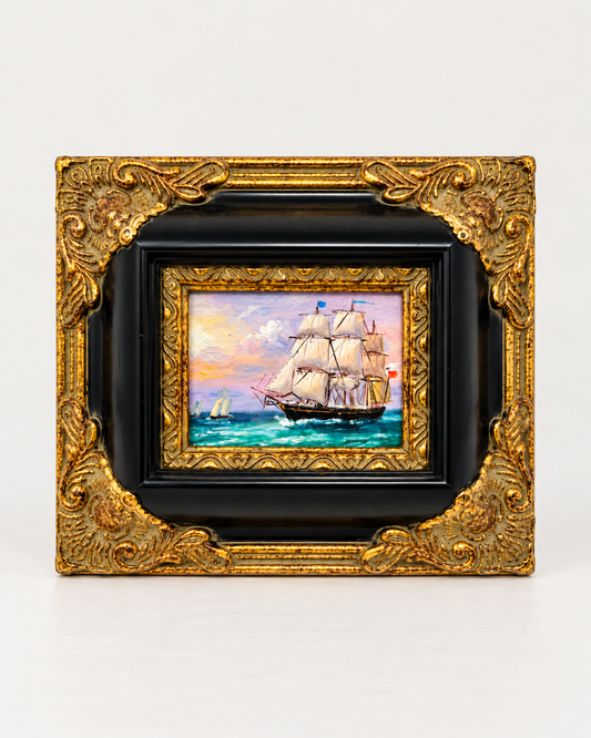 Sailing Ship Seascape Oil Painting in Decorative Black & Gold Frame