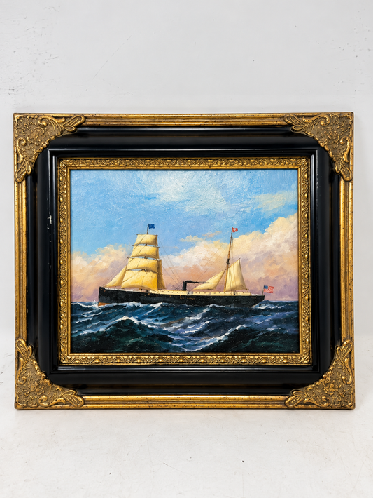 Steam Sailing Ship at Sea Oil Painting in Decorative Black & Gold Frame