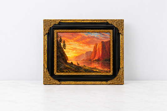 Sunset Mountain Lake Landscape Oil Painting in Decorative Black & Gold Frame