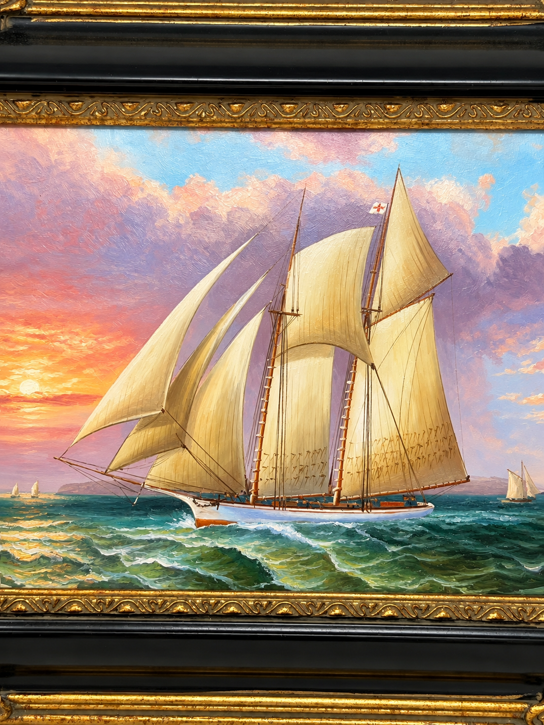 Golden Sails at Dusk – Framed Seascape Oil Painting