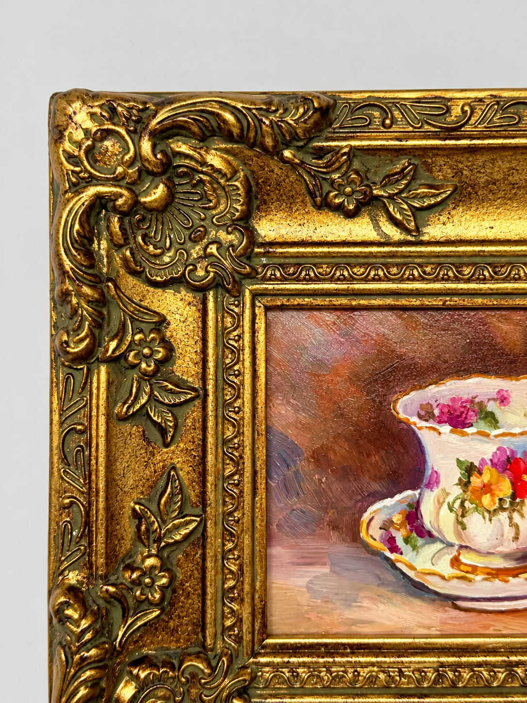 Framed Floral Teacup Oil Painting | Elegant Still Life Wall Art
