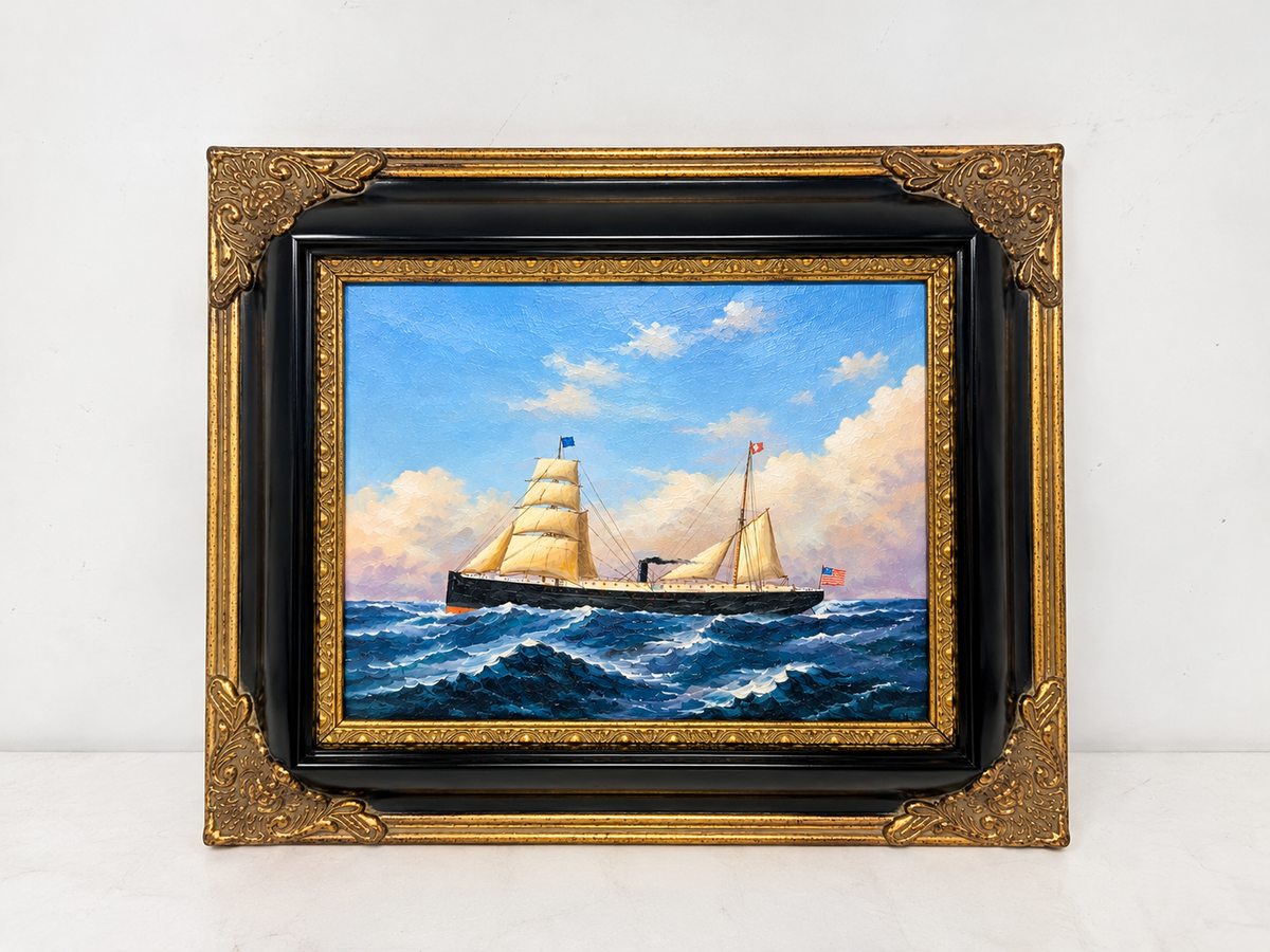 Sailing Steamship Seascape Oil Painting in Decorative Black & Gold Frame