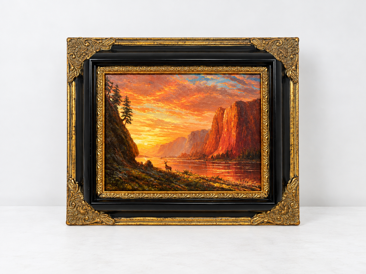 Sunset Mountain Lake Landscape Oil Painting in Decorative Black & Gold Frame