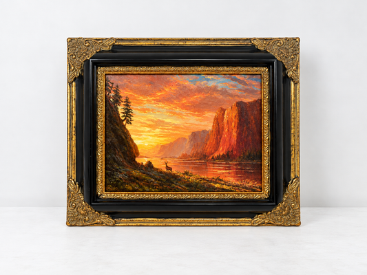 Sunset Mountain Lake Landscape Oil Painting in Decorative Black & Gold Frame