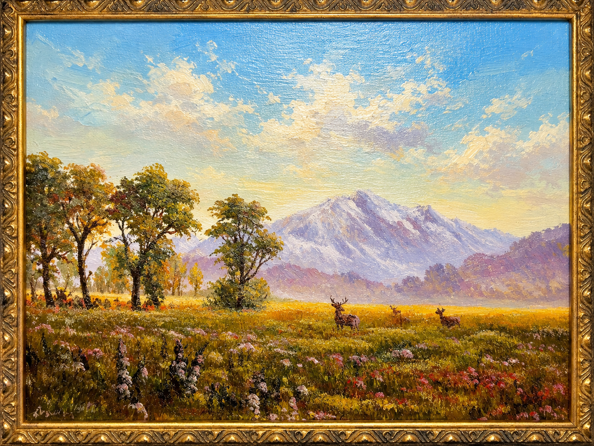 Mountain Meadow with Deer Oil Painting in Decorative Black & Gold Frame