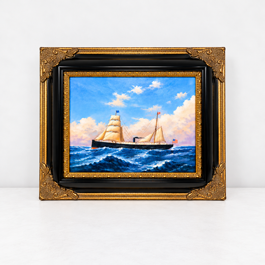Sailing Steamship Seascape Oil Painting in Decorative Black & Gold Frame
