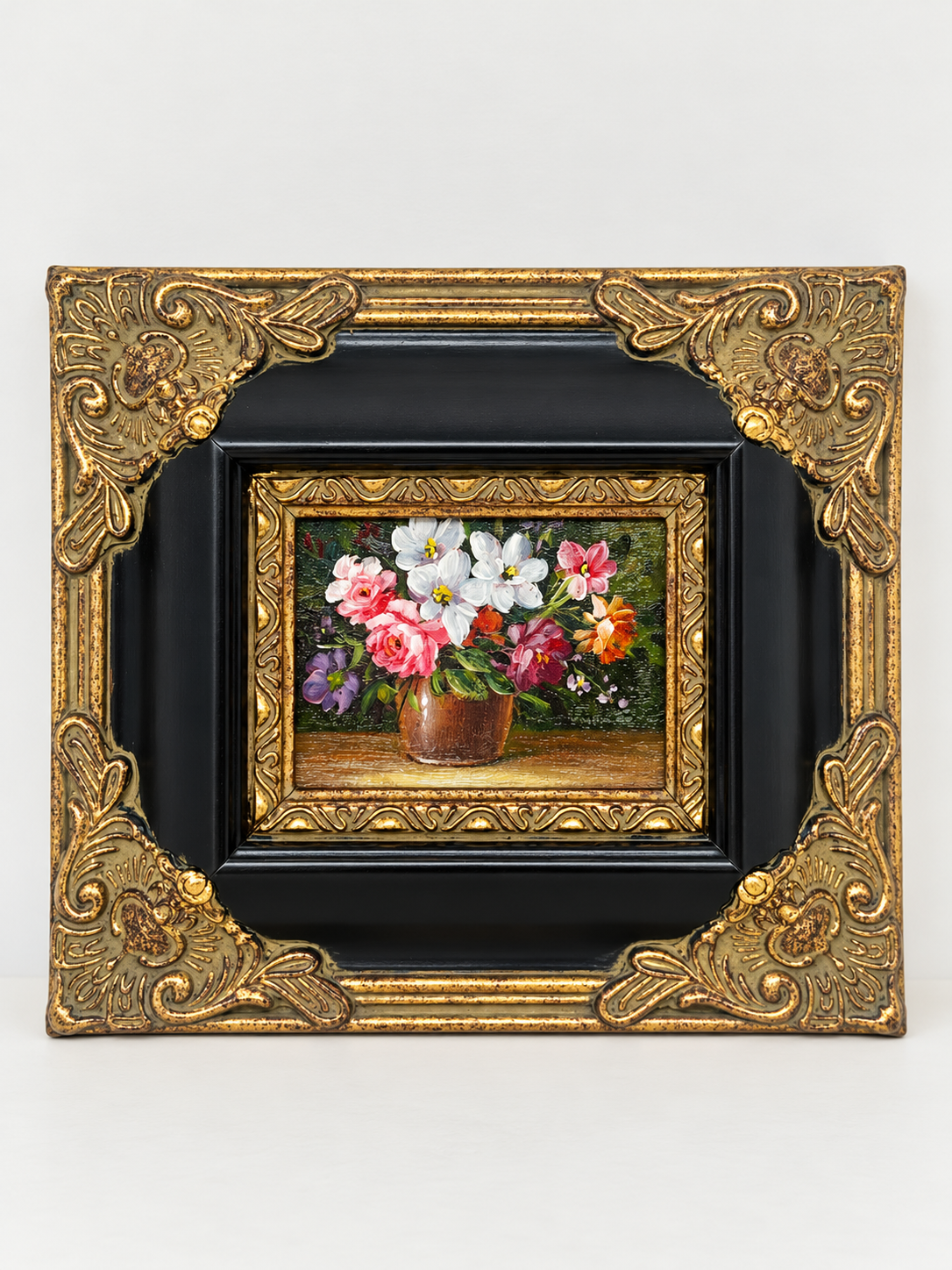 Floral Still Life Oil Painting in Ornate Black & Gold Frame