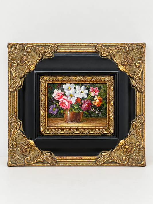 Floral Still Life Oil Painting in Ornate Black & Gold Frame