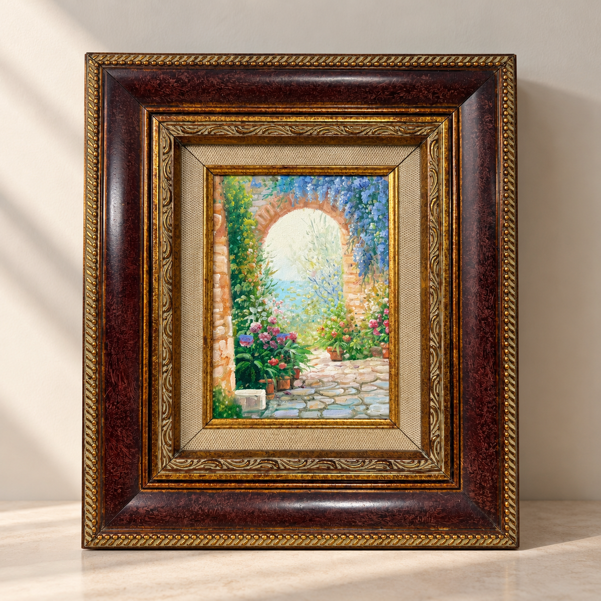 Flower Garden Oil Painting in Decorative Brown & Gold Frame – Garden Wall Art