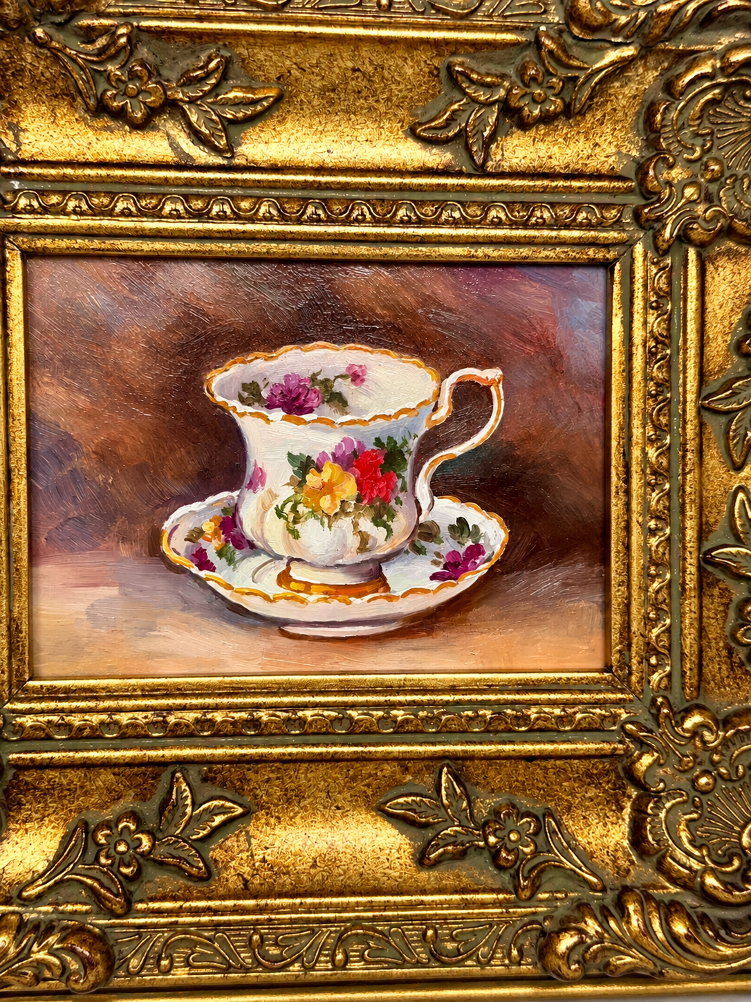 Framed Floral Teacup Oil Painting | Elegant Still Life Wall Art