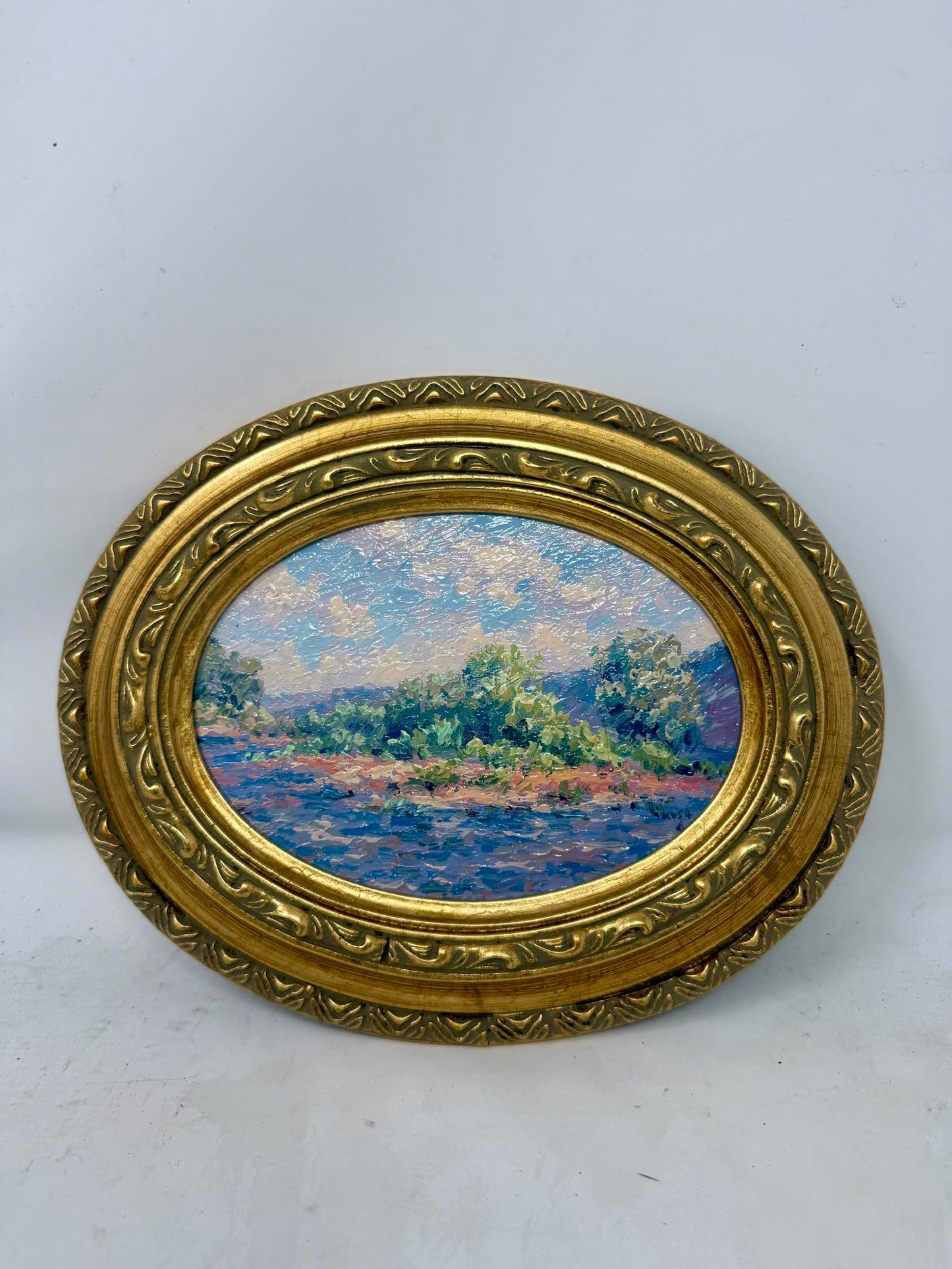 Riverbank in Bloom | Framed Oval Landscape Oil Painting in Ornate Gold Frame
