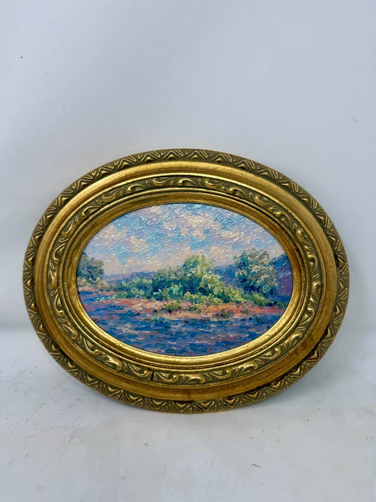 Riverbank in Bloom | Framed Oval Landscape Oil Painting in Ornate Gold Frame