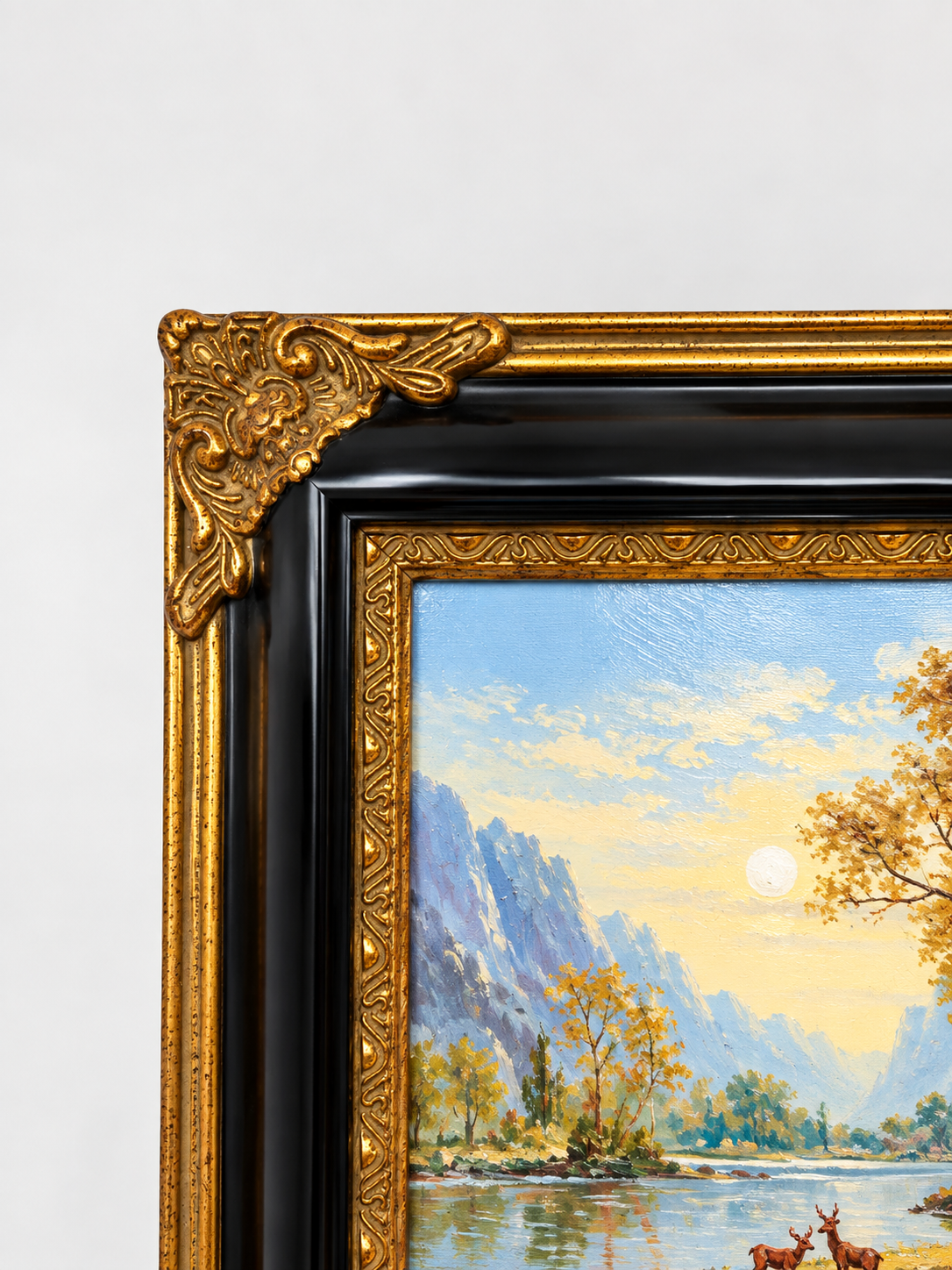 Autumn Mountain Lake Landscape Oil Painting in Decorative Black & Gold Frame