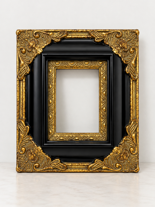 Decorative Black & Gold Picture Frame with Ornate Corner Details