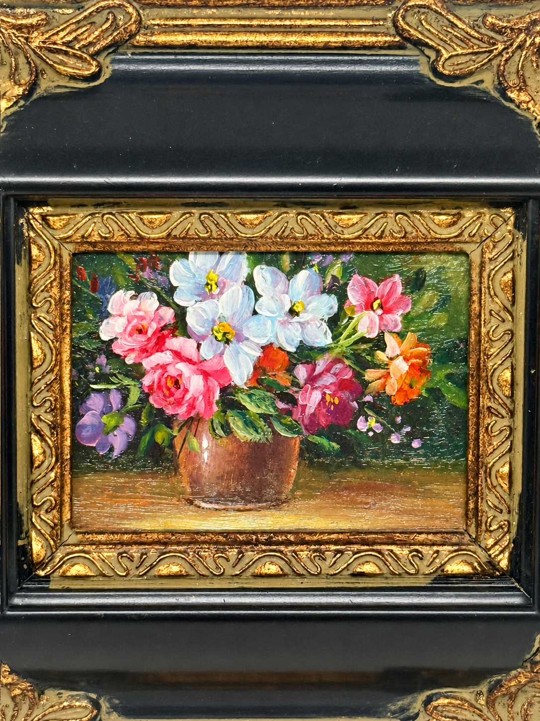 Floral Still Life Oil Painting in Ornate Black & Gold Frame
