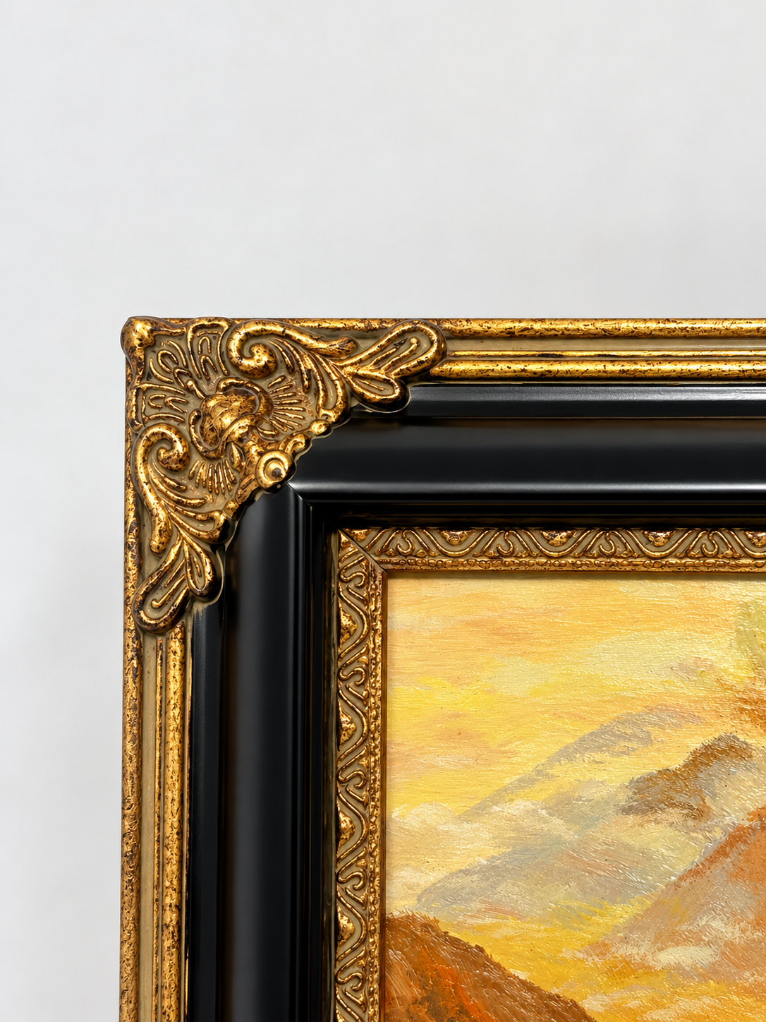 Mountain Valley Landscape Oil Painting in Decorative Black & Gold Frame
